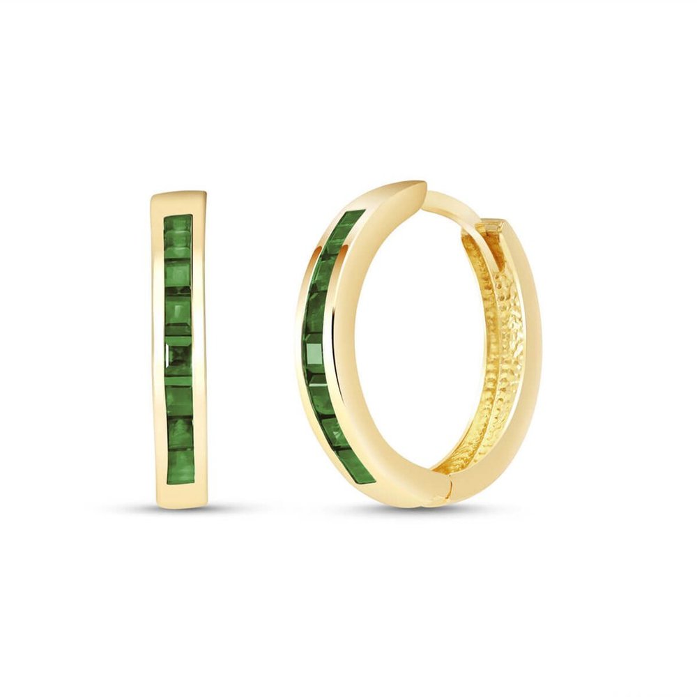 14K GOLD HOOP HUGGIE EARRING WITH GREEN SAPPHIRES - Picture 1 of 4